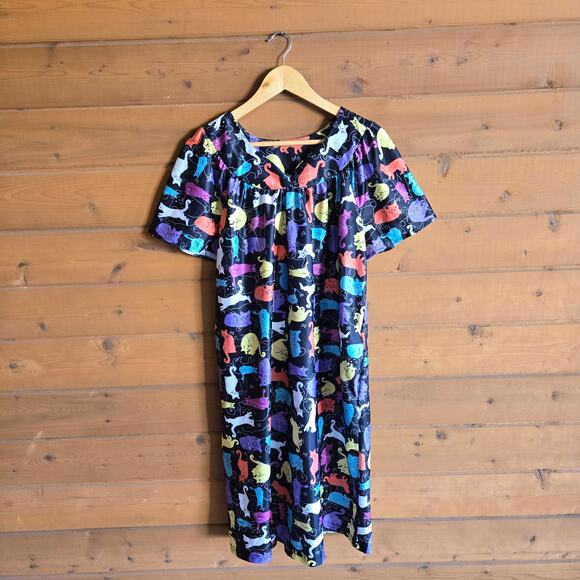 Vintage Dresses & Skirts - Vintage Cat Dress Mumu Rainbow Midi Pajama Sleep Top Kitty Short Sleeve M Retro